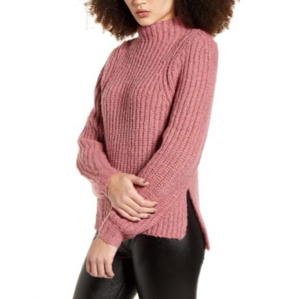 Pink Raspberry Ribbed Knit Mock Neck Chunky Sweater